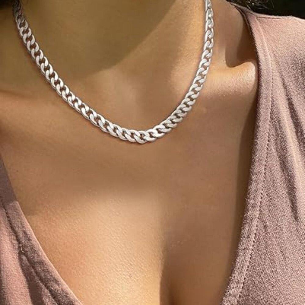 Silver Necklace Dainty Chunky Sliver Plated Chain Cuban Toggle‎ Choker Trendy